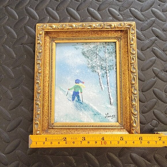 Winter Ski Scene Enamel on Copper Artwork By Jean Lucey, Framed & Signed, 7"x6" - Picture 6 of 16